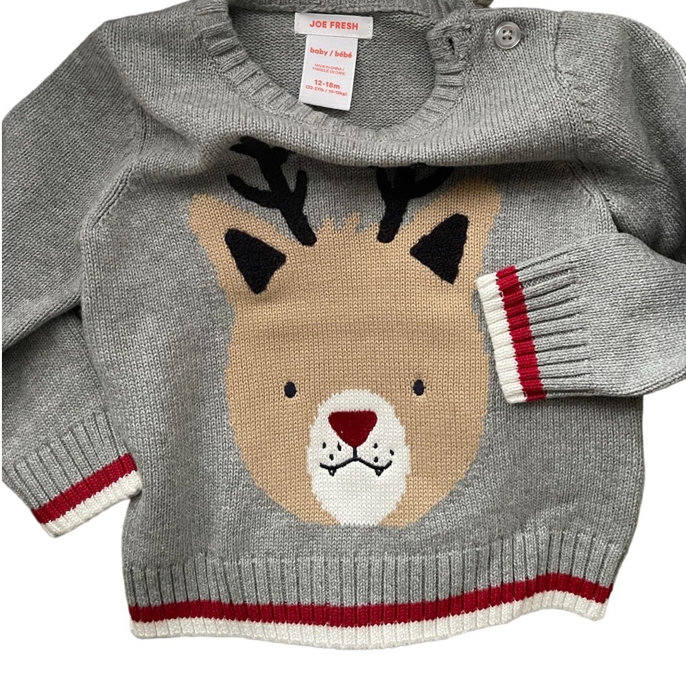 NWHT Joe Fresh Christmas Baby Boy Knitted Reindeer Sweater Side Buttoned 12-18m